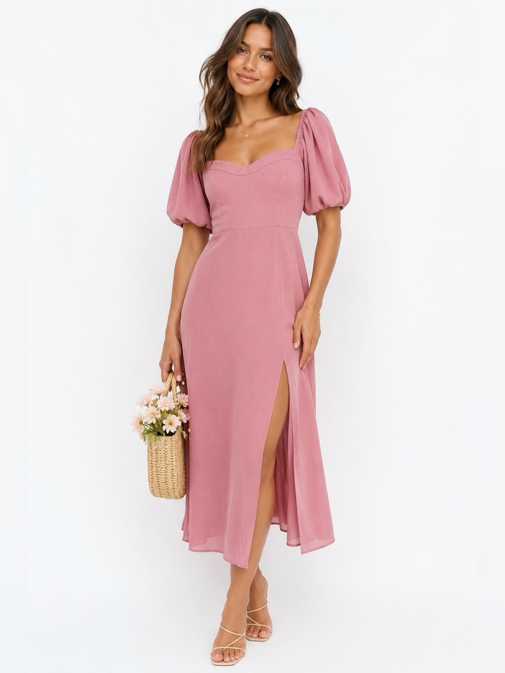 Abercrombie & Fitch Camille Puff Sleeve Midi Dress Size Medium Tall Dusty Rose